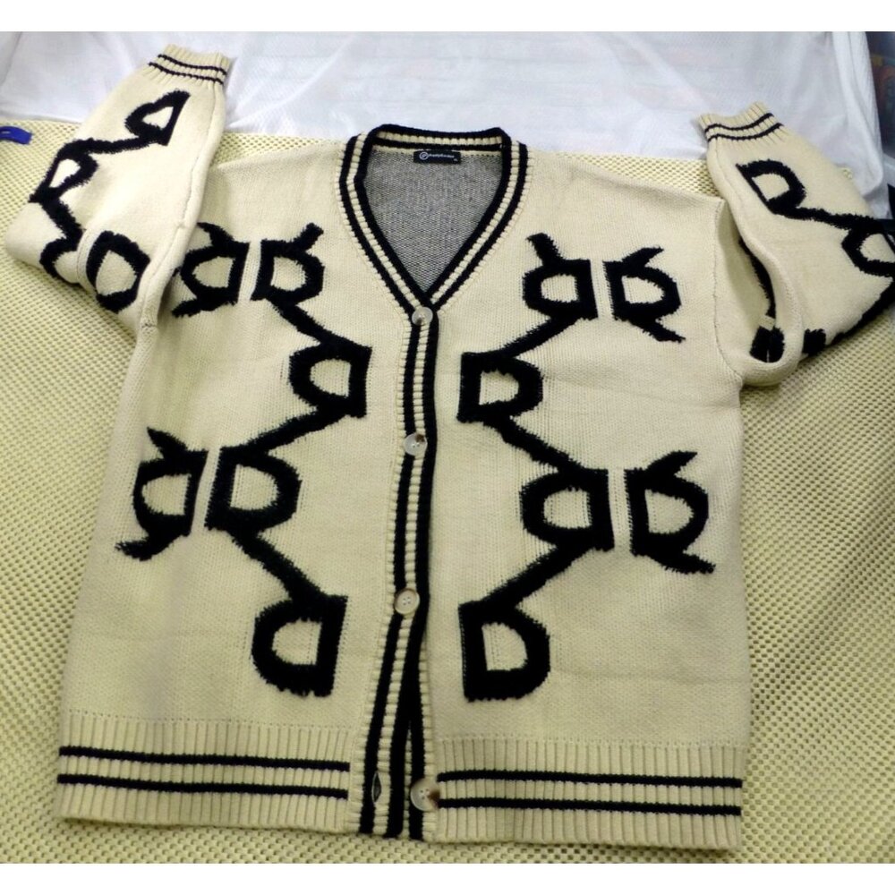 PrettyGarden Lock & Key Chain Oversized Chunky Knit Cardigan Retro Black Pattern